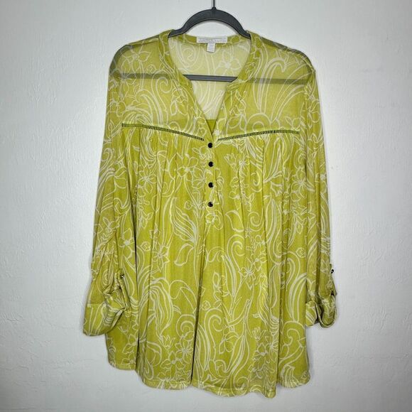 Juniper & Lime Womans Lined Sheer Tab Sleeve 1/4 button Top Plus Size 3X  Yellow - Picture 1 of 7